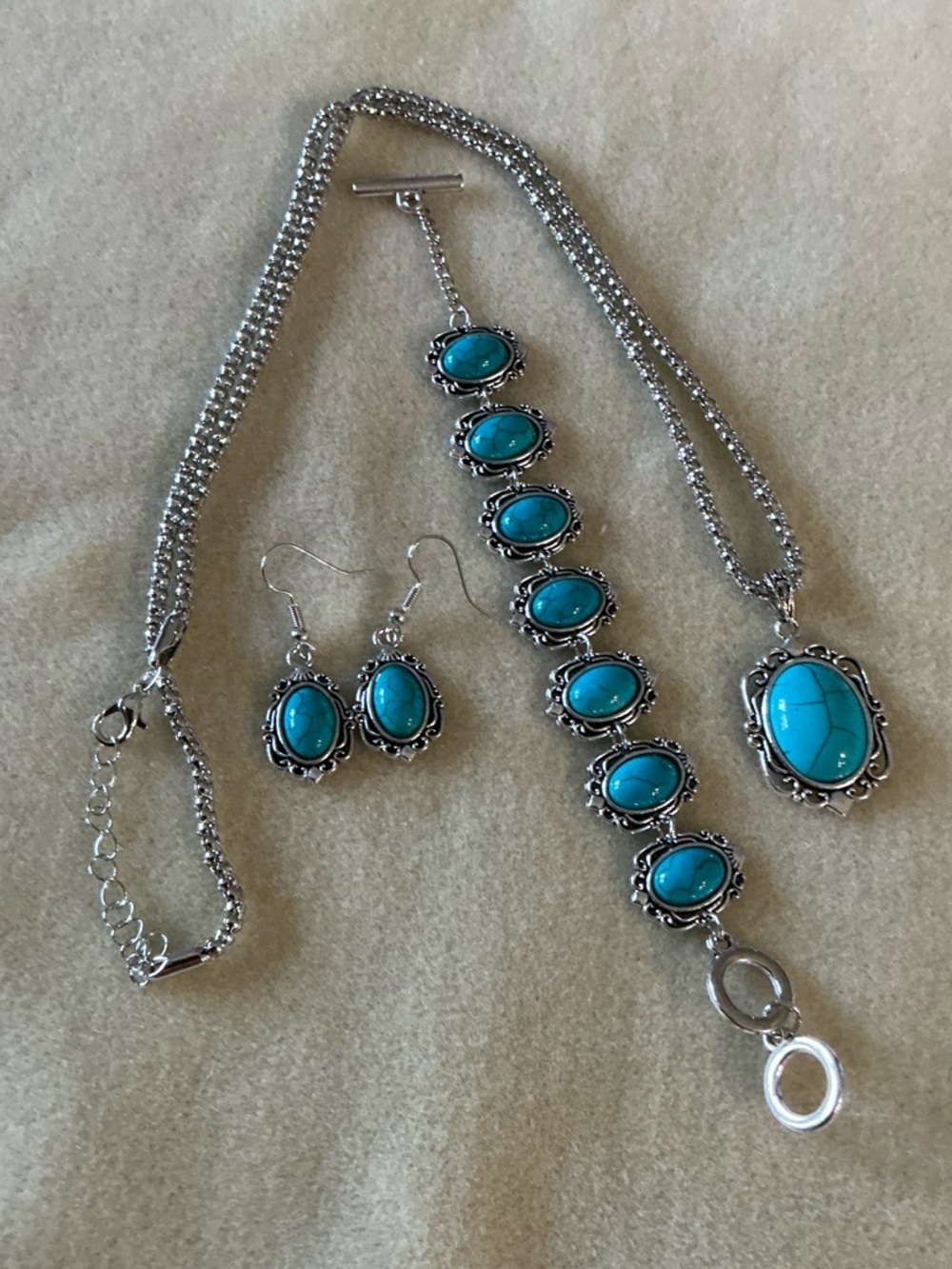 Turquoise Oval Pendant Necklace, Bracelet & Earring Set - Blue Silver Finish